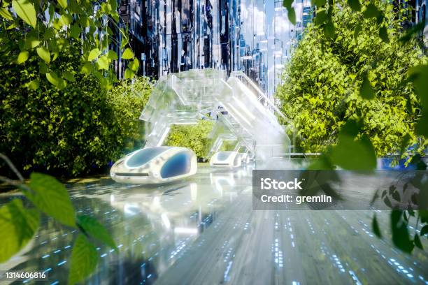 Futuristic Green Energy Autonomous Traffic Stock Photo - Download Image Now - Futuristic, City, The Way Forward