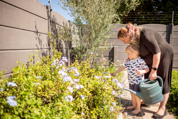 istock Cute little boy helping her mom water their backyard garden 1314609393