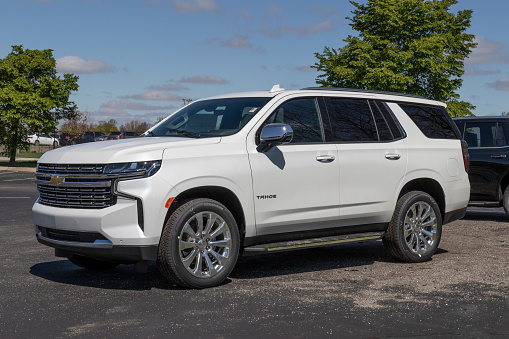Plainfield - Circa April 2021: Chevrolet Tahoe SUV display. Chevy is a Division of General Motors also makes the Trax, Cruze and Traverse.