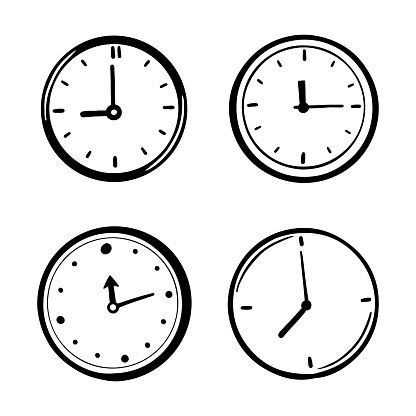 Hand drawn set of cartoon clock, alarm, timer. Doodle sketch style. Concept of time, minute, deadline.