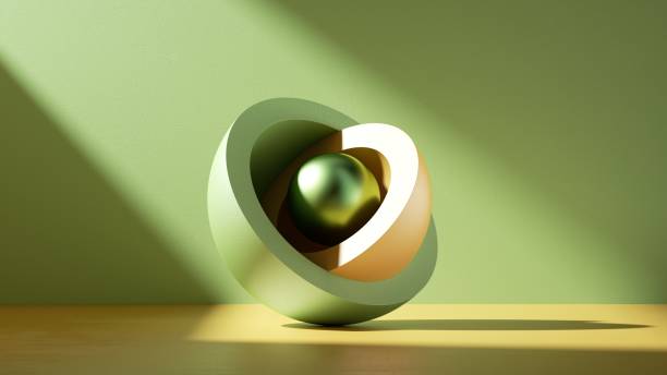 3d abstract minimal modern background, metallic core ball hidden inside yellow green hemisphere shell isolated objects, stack of bowls simple clean design
