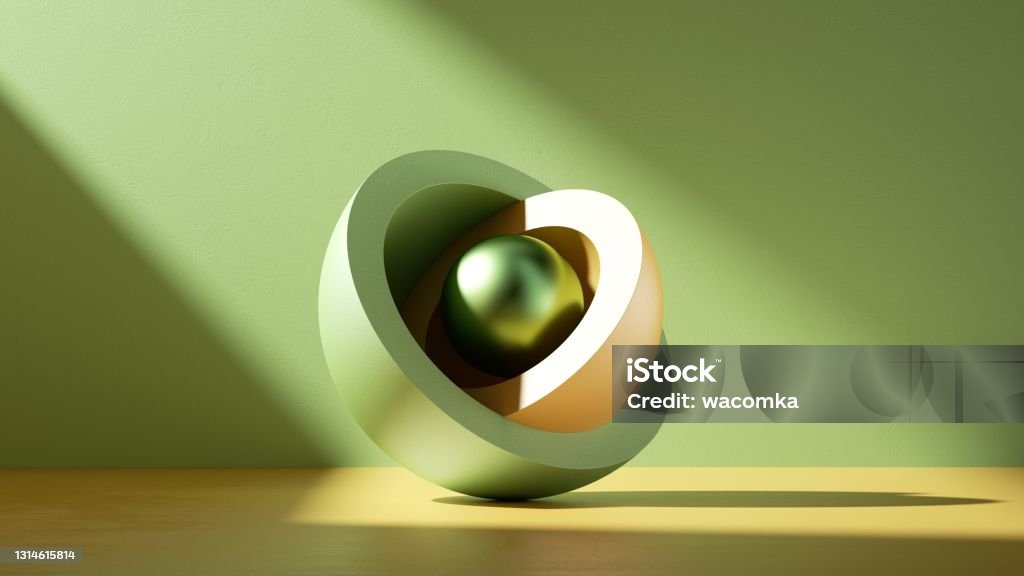 3d abstract minimal modern background, metallic core ball hidden inside yellow green hemisphere shell isolated objects, stack of bowls simple clean design Sphere Stock Photo
