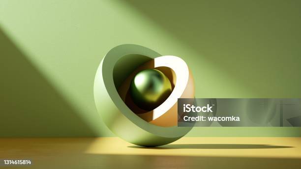 3d Abstract Minimal Modern Background Metallic Core Ball Hidden Inside Yellow Green Hemisphere Shell Isolated Objects Stack Of Bowls Simple Clean Design Stock Photo - Download Image Now