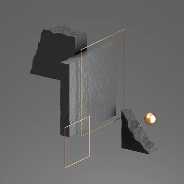 istock 3d render, abstract background with geometric shapes. Concrete stone ruins, broken blocks and square golden frames. Levitating objects 1314615941