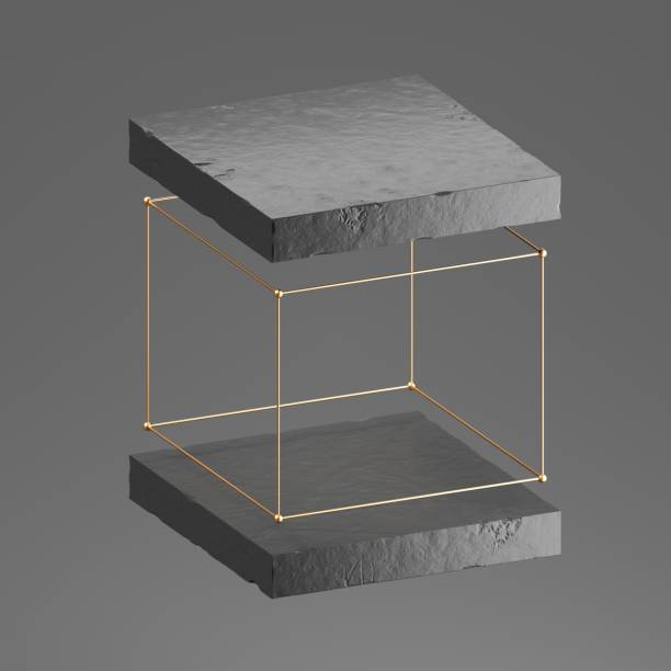 istock 3d render, abstract background with geometric shapes. Concrete stone blocks and golden cube frame. Levitating objects. Empty showcase scene for product presentation. 1314615955