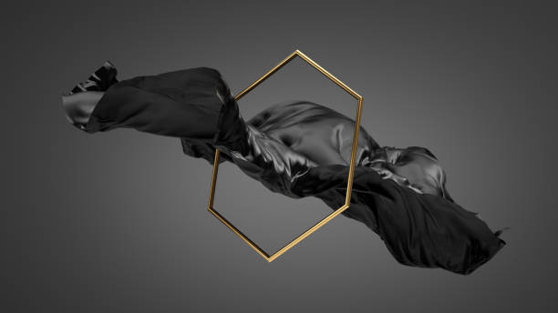 istock 3d render, abstract dramatic fashion wallpaper. Modern minimal composition with black silk fabric, cloth drapery flying through golden hexagonal frame, isolated on dark background 1314616727