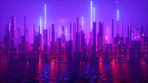 3d-render, abstrakte urbane futuristische hintergrund. stadtbild mit neonlicht, sterneneder nachthimmel und wasser - futuristisch stock-fotos und bilder