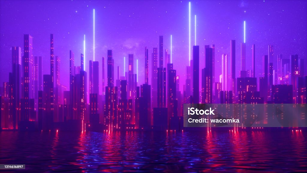 3d render, abstract urban futuristic background. Cityscape with neon light, starry night sky and water City Stock Photo