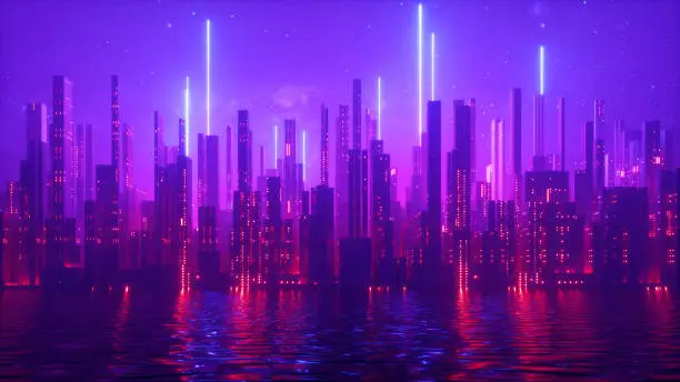 Photo of 3d render, abstract urban futuristic background. Cityscape with neon light, starry night sky and water