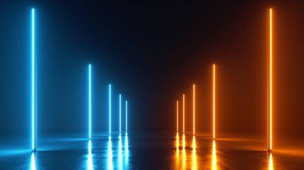 istock 3d render, abstract neon background with lines glowing with blue and yellow light. Empty studio stage for performance show 1314616916