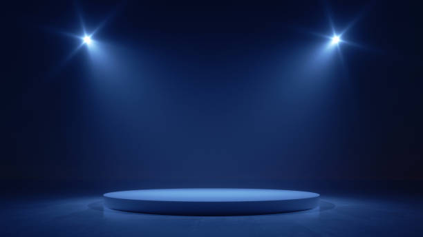 3d render. Abstract modern minimal blue background illuminated with bright spotlight. Showcase scene with cylinder podium for product presentation 3d render. Abstract modern minimal blue background illuminated with bright spotlight. Showcase scene with cylinder podium for product presentation pedestal stock pictures, royalty-free photos & images