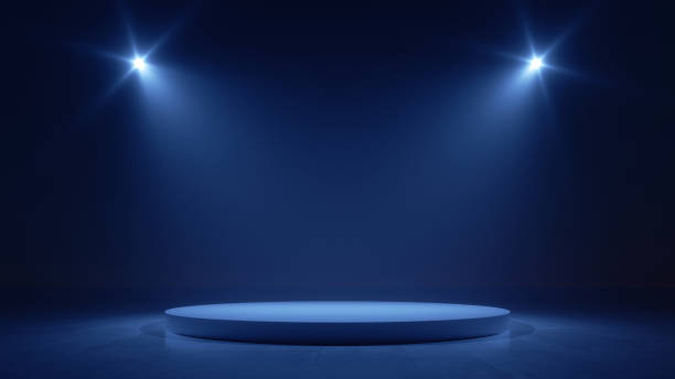 3d render. abstract modern minimal blue background illuminated with bright spotlight. showcase scene with cylinder podium for product presentation - pedestal imagens e fotografias de stock