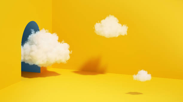istock 3d render, abstract minimal yellow background with white clouds flying out the tunnel 1314620893