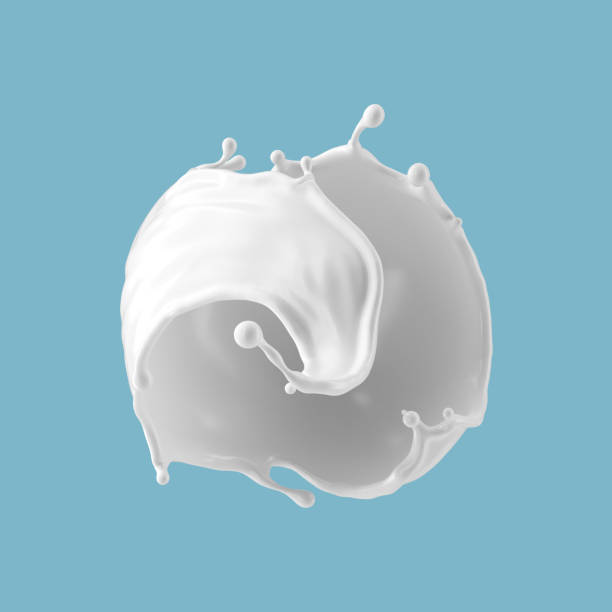istock 3d render, milk splash illustration isolated on blue background. White paint splashing. Abstract liquid clip art 1314620933
