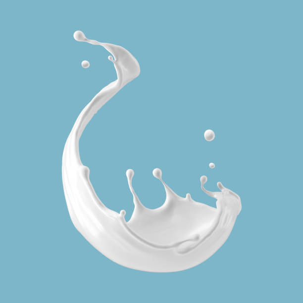 3d illustration, wavy milky white splash. abstract liquid clip art isolated on blue background. cosmetics splashing wave - drink close up dairy product flowing imagens e fotografias de stock