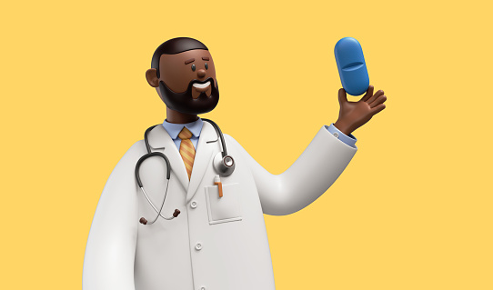3d render. Doctor african cartoon character holds blue pill. Clip art isolated on yellow background. Medicament recommendation. Pharmaceutical clip art isolated on yellow background
