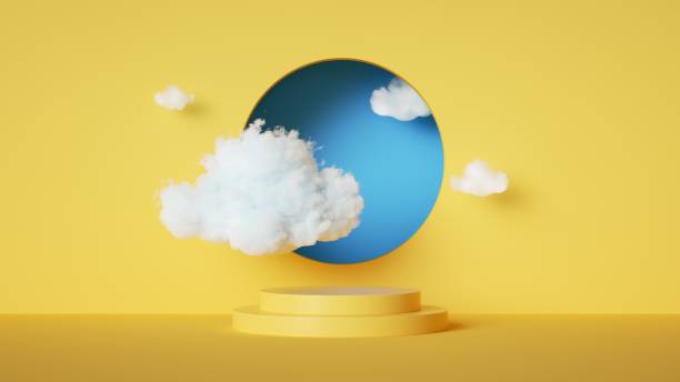 istock 3d render, abstract sunny yellow background with white clouds and blue round hole. Simple geometric showcase scene with empty podium for product presentation 1314621653