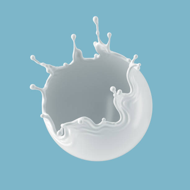 istock 3d render, round milk splash isolated on blue background. White paint splashing. Liquid spherical clip art. 1314621689