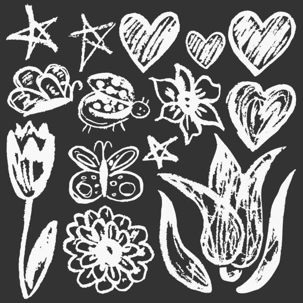 Cute childish drawing with wax crayons Cute childish drawing with wax crayons on a white background. Pastel chalk or pencil funny doodle style vector. Flowers, tulips, hearts ladybird book stock illustrations