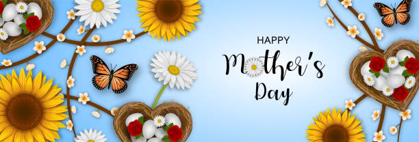 illustrations, cliparts, dessins animés et icônes de bannière heureuse de fête des mères avec des fleurs, des papillons et des nids en forme de coeur - aubepine