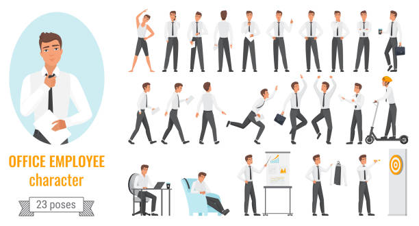 사무실 노동자 포즈 인포 그래픽 세트, 젊은 직원 사업가 캐릭터 작업 - jumping business people businessman stock illustrations