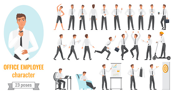 Office workers poses infographic vector illustration set. Cartoon young employee businessman character working, happy winner manager jumping, showing different work positions isolated on white