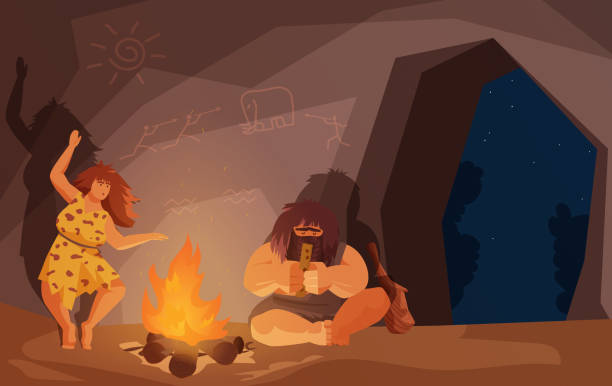 Stone age primitive family people sit by fire, caveman playing music, woman dancing Stone age primitive family people sit by fire vector illustration. Cartoon primeval caveman character playing ancient musical instrument, neanderthal woman dancing near bonfire in cave background paleo stock illustrations