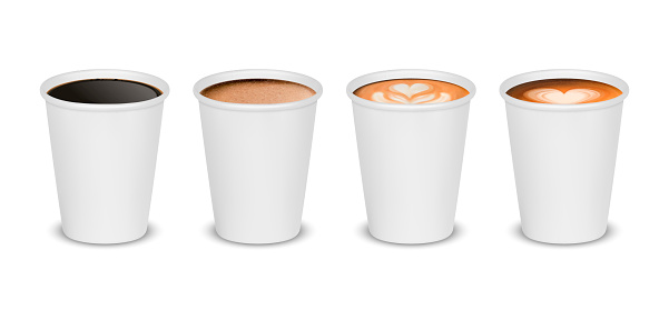 Vector 3d Realistic Paper White Disposable Cup Set Isolated with Black, Milk Coffee Foam Isolated on White Background. Latte, Capuccino, Espresso, Mocha, Americano. Design Template for Mockup.