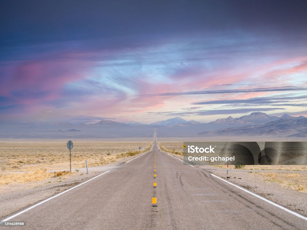 Highway 375, The Extraterrestrial Highway, near Rachel Nevada looking north. Area 51 - Nevada Stock Photo