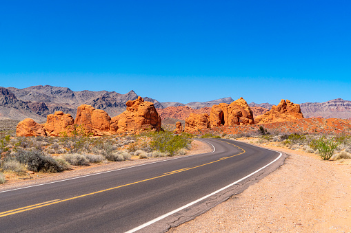 Colourful rock formations and a road in Valley of Fire state park in Nevada