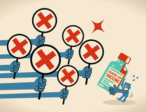 Blue Little Guy Characters Vector Art Illustration.
Anti-vaccination concept, a blue man carrying a big covid-19 vaccine bottle gets rejected (many hands showing the letter X red cross sign).
