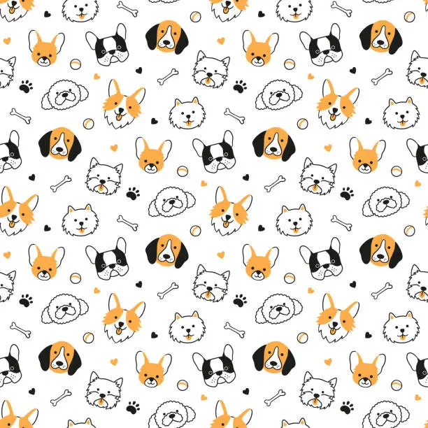 Vector illustration of Seamless pattern with heads of different breeds dogs. Corgi, Beagle, Chihuahua, Terrier, Pomeranian