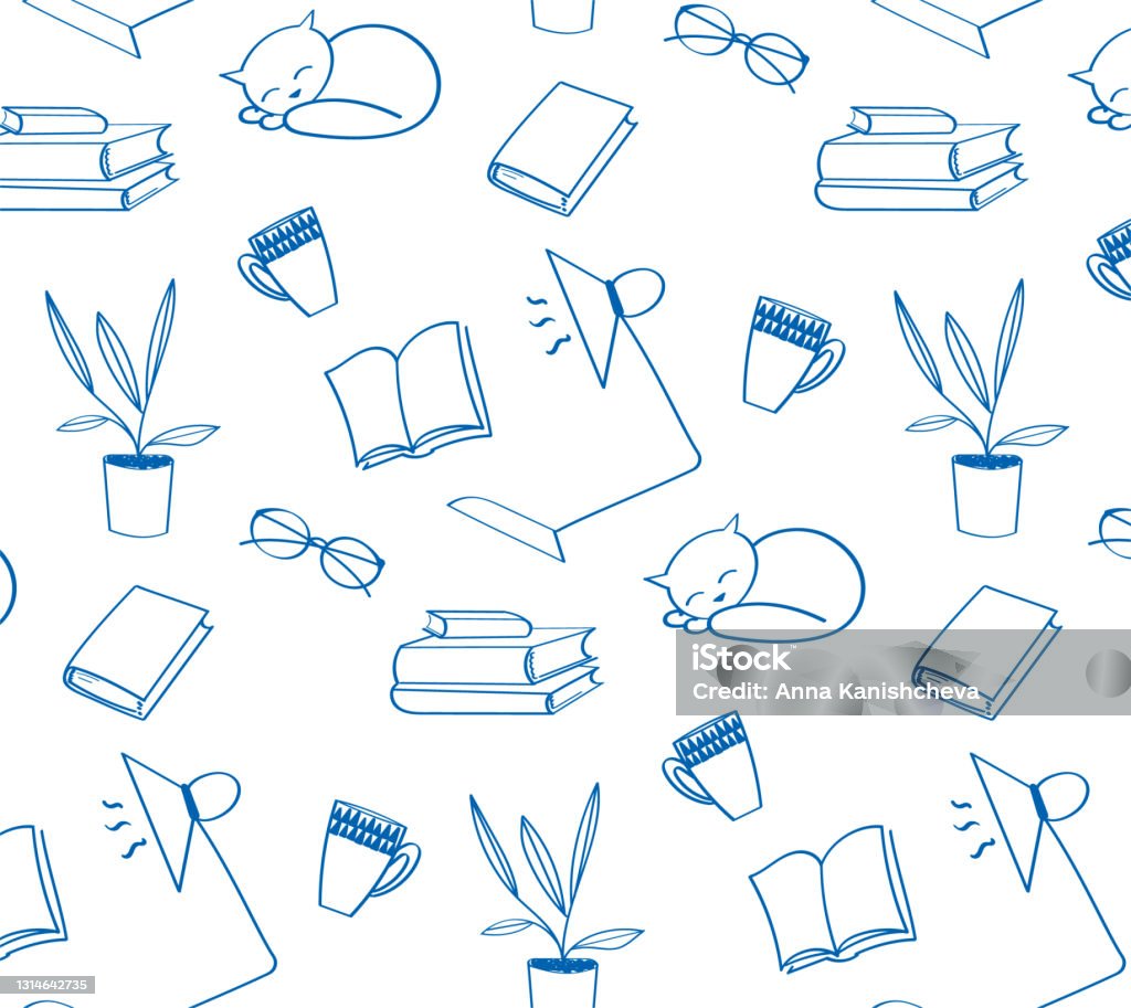 Back To School Doodle Wallpaper Various School Stuff For Homework Table  Lamp Sleeping Cat Cups Books Flower In A Pot Glasses Blue Vector Seamless  Pattern Over White Background Stock Illustration - Download