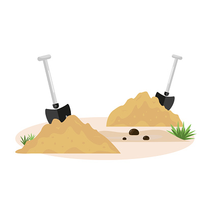 Two shovels, soil and sand. Garden tools. The concept of spring, field, agricultural and construction work. Earth, heap, dirt and tools. A hole dug in the ground. Vector