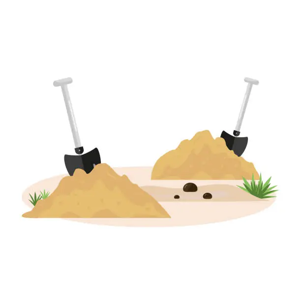 Vector illustration of Two shovels, soil and sand. Garden tools. The concept of spring, field, agricultural and construction work. Earth, heap, dirt and tools. A hole dug in the ground. Vector