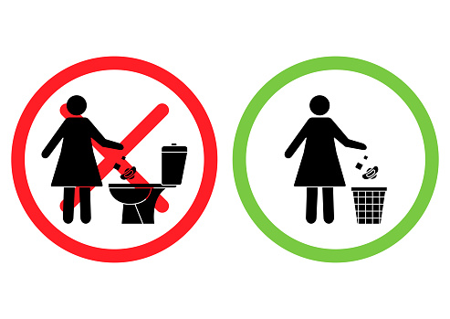 Do not litter in the toilet. Toilet no trash. Woman throws sanitary towels in the lavatory. Please use trash can for paper towels, sanitary products. Prohibition icons. Forbidden placard. Vector