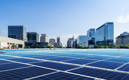 City and photovoltaic panel combined with landscape