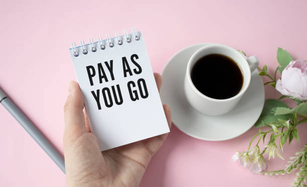 empresaria con tarjeta con texto pay as you go - pay as you go fotografías e imágenes de stock