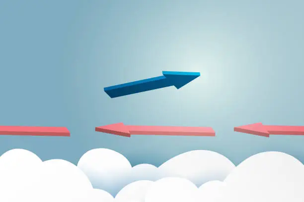 Vector illustration of Business concept.Blue arrow leader flying on blue sky of business teamwork and one different vision from red arrows.