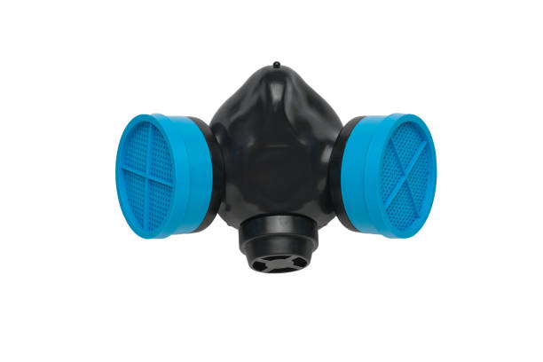 istock Gas mask with blue filters on a black background. 1314665643