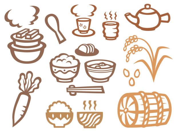 ilustraciones, imágenes clip art, dibujos animados e iconos de stock de conjunto japonés de ilustración de alimentos y comidas de estilo antiguo - green tea illustrations