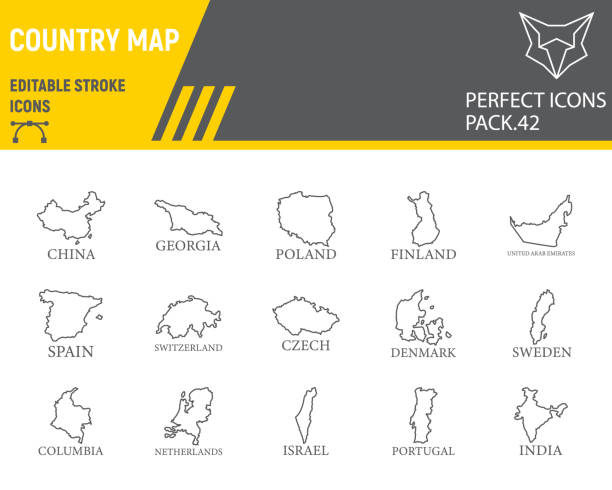 illustrations, cliparts, dessins animés et icônes de carte de l’ensemble d’icônes de ligne de pays - netherlands map cartography silhouette