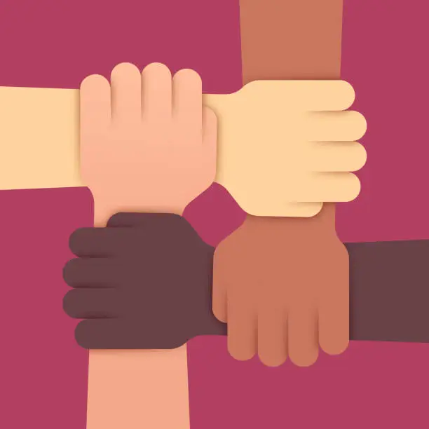 Vector illustration of Community Togetherness Unity Strength Teamwork Social Justice Multi-ethnic Hands Group