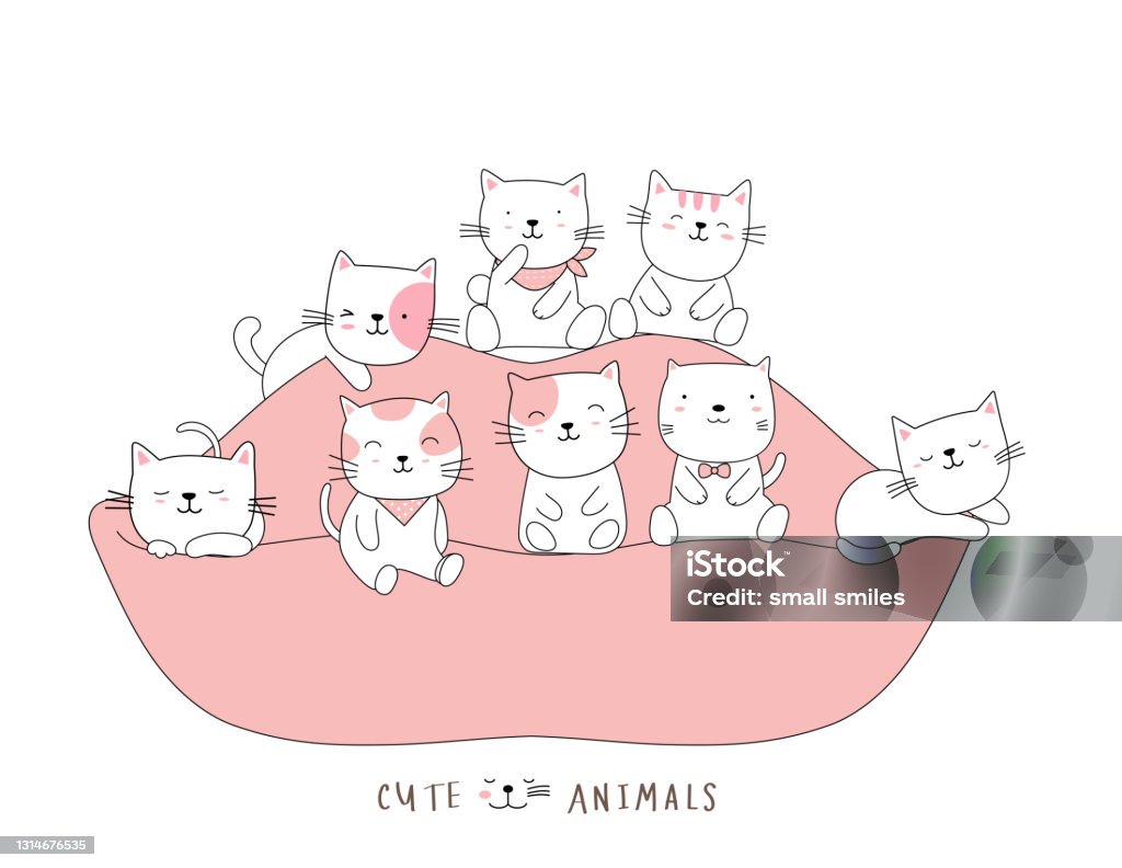 Kartun Sketsa Hewan Bayi Kucing Lucu Di Sofa Gaya Yang Digambar Dengan