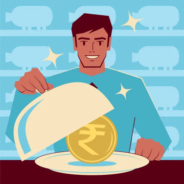 Vector illustration of Smiling handsome businessman taking the lid off a domed tray that has an Indian Rupee currency inside. Piggy Bank Background