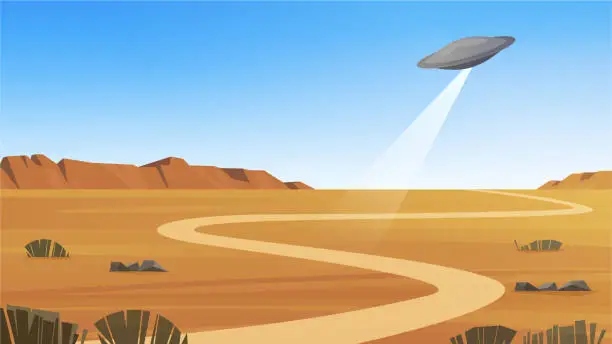 Vector illustration of Flying saucer over the desert landscape. UFO over Nevada.