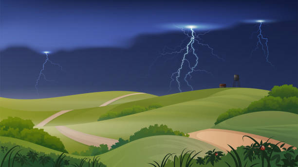 Vector farm scene with green fields and stormy sky. Summer rural landscape with farm, water tower and country road passes through the fields. Vector illustration. lightning tower stock illustrations