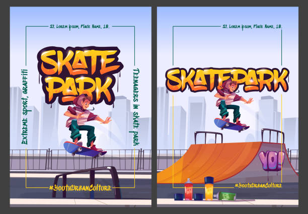 skatepark cartoon-plakate mit teenager springen - skateboard park ramp skateboard graffiti stock-grafiken, -clipart, -cartoons und -symbole