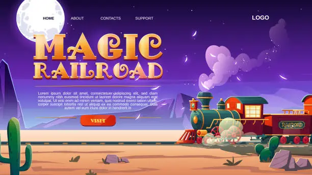 Vector illustration of Magic railroad website with steam train in desert