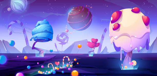 ilustrações de stock, clip art, desenhos animados e ícones de candy planet cartoon poster with sweets - cartoon mushroom fairy fairy tale